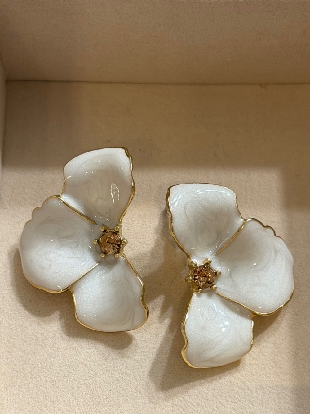 Golden Ivory White Half Petal Flower Enamel Statement Earring Gold Plated Edging